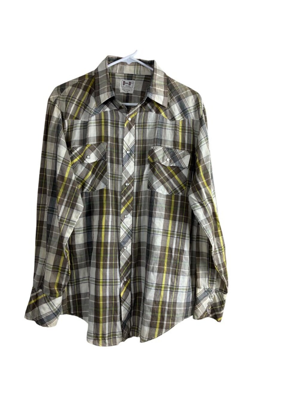 VTG Y2K B Bar B Plaid Pearl Snap Western Shirt Large Yoked Long Sleeve Cowboy